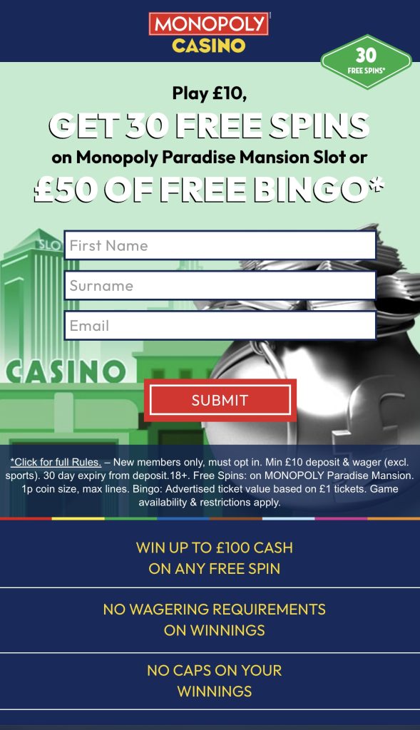 Monopoly Casino Welcome Bonus